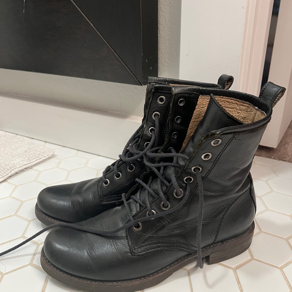 Frye Black Leather Combat Boots